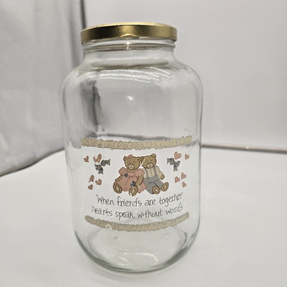 VTG Glass Teddy Bear Storage Jar Pastel Hearts Cottagecore Retro Farmhouse Decor